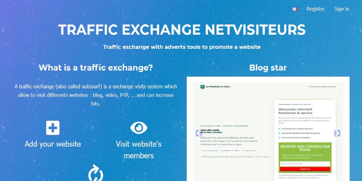 Netvisiteurs Traffic exchange with adverts